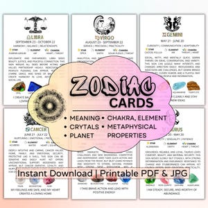Puede incluir: Tarjetas del zodiaco con signos astrológicos, incluyendo Libra, Virgo, Géminis, Cáncer y Tauro. Las tarjetas muestran signos estelares, elementos, chakras y asociaciones de cristales. El texto en las tarjetas dice "Descarga instantánea | PDF y JPG imprimibles."