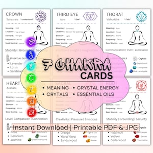 May include: A set of seven chakra cards with detailed information on each chakra, including meanings, locations, and essential oils. The cards feature illustrations of human figures and symbols, with the text "7 CHAKRA CARDS" in the center. The cards are available for instant download.