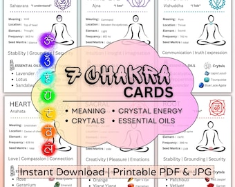 Seven Chakra Printable Guides: Seven Chakras Card, Gemstones, Essential Oils (Instant Download)