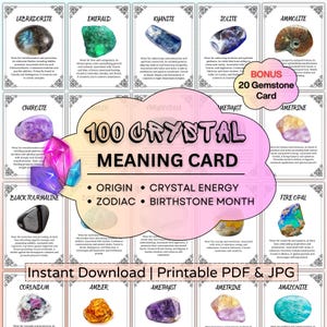 Könnte beinhalten: Ein Set von Kristall-Bedeutungskarten mit verschiedenen Edelsteinen, darunter Labradorit, Smaragd und Kyanit. Die zentrale Karte zeigt "100 Crystal Meaning Card" mit Details zu Herkunft, Kristallenergie, Tierkreiszeichen und Geburtsmonat. Ein "Bonus 20 Gemstone Card" ist ebenfalls enthalten. Sofortiger Download verfügbar.
