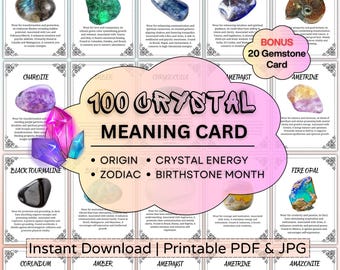 100 Kristall Bedeutungskarten: Edelstein-Anleitung zum Ausdrucken (Digitaler Download)