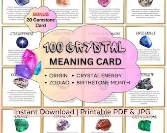 100 Crystal Meaning Cards: Square Shape Printable Gemstone Guide (Digital Download)