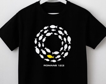 Christian T-Shirt Romans 12:2 | Be Different Bible Verse Shirt | Faith Fish Design | Religious Graphic Tee | Inspirational Christian Gift