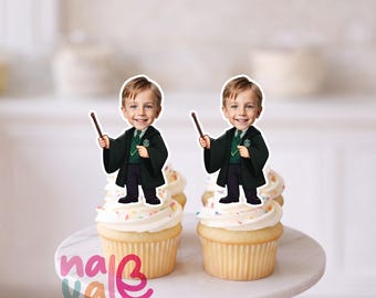 Snake House Wizard Cupcake Toppers – Custom Face Green and Silver Theme – Personalized Photo Blonde Sorcerer – Digital File