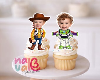 Cowboy & Space Ranger Toy Duo Cupcake Topper – Personalized Face Adventure Theme – Digital File
