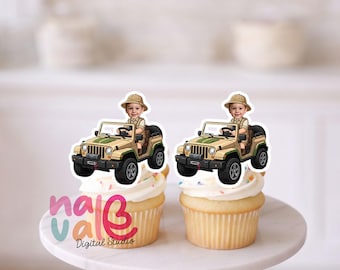 Safari Explorer Boy in Jeep Cupcake Toppers –  Birthday Decorations – Party Suppliess– Digital File