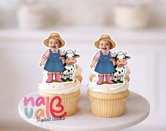 Sweet Farm Animal Cupcake Toppers – Custom Face Farmhouse Life Theme – Personalized Photo Cowgirl Style – Digital File