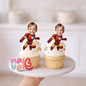 Genius Billionaire Cupcake Toppers – Custom Face Iron Suit Theme – Personalized Photo Arc Reactor Hero – Digital File