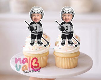 Ice Hockey Star Cupcake Toppers – Custom Face Gray and Black Uniform – Personalized Photo Little MVP Sports Theme – Digital File
