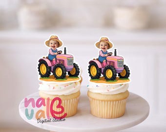 Pink Farm Life Cupcake Toppers – Custom Face Tractor Driving Style – Personalized Photo Country Girl Birthday – Digital File