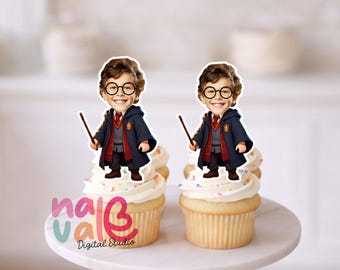 The Chosen One Cupcake Toppers – Custom Face Wizard School Hero – Personalized Photo Lightning Bolt Boy – Digital File