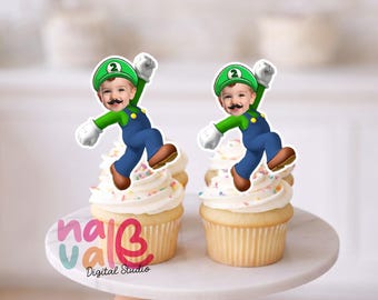 Green Plumber Cupcake Toppers – Custom Face Jumping Video Game Hero – Personalized Photo Emerald Brother Theme – Digital File
