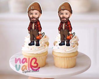 Buffalo Plaid Lumberjack Cupcake Toppers – Custom Face Rustic Forest Theme – Personalized Photo Red Checkered Hero – Digital File