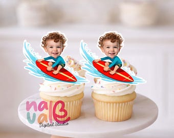 Beach Vibes Surf Cupcake Toppers – Custom Face Summer Waves Theme – Personalized Photo Little Surfer – Digital File