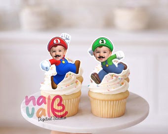Super Jumping Brothers Cupcake Toppers – Custom Face Video Game Theme – Personalized Photo Red and Green Hero – Digital File