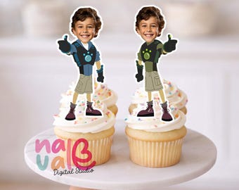 Creature Power Cupcake Toppers – Custom Face Wild Explorer Theme – Personalized Photo Blue and Green Hero – Digital File