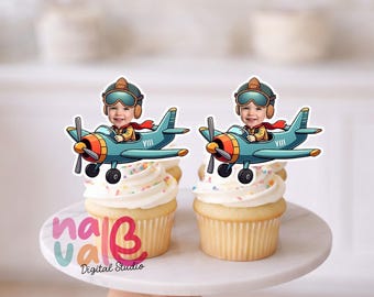 Time Flies Aviator Cupcake Toppers – Custom Face Baby Pilot Theme – Personalized Photo High Clouds Hero – Digital File