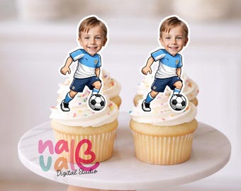 All Star Soccer Cupcake Toppers – Custom Face Football Field Theme – Personalized Photo Goal Striker – Digital File