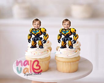Transforming Robot Birthday Cupcake Topper – Personalized Face – Adventure Theme – Digital File