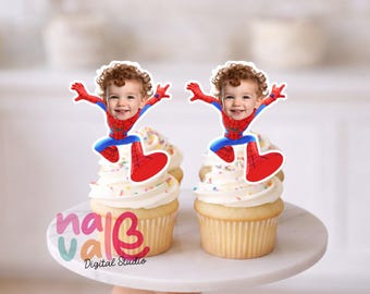 Little Web-Slinger Cupcake Toppers – Custom Face Friendly Spider Theme – Personalized Photo Red & Blue Hero – Digital File