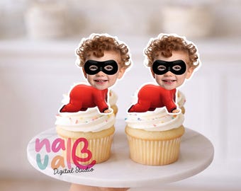 Multi-Power Baby Cupcake Toppers – Custom Face Incredible Hero Theme – Personalized Photo Super Toddler – Digital File