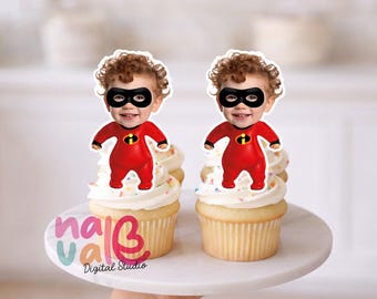Heroic Infant Cupcake Toppers – Custom Face Red Suit Mask Theme – Personalized Photo Super Sibling – Digital File