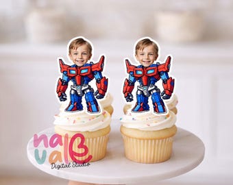 Robotic Leader Cupcake Toppers – Custom Face Transformation Hero Theme – Personalized Photo Heavy Metal Truck – Digital File