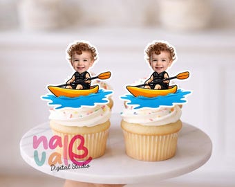 Kayak Adventure Cupcake Topper – Custom Face Water Sports Theme – Digital File