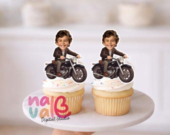Motorcycle Birthday Cupcake Topper – Custom Face Rider Theme – Digital File