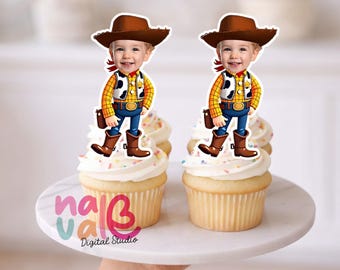 Classic Toy Cowboy Cupcake Toppers – Custom Face Desert Adventure Theme – Personalized Photo Star Badge Hero – Digital File