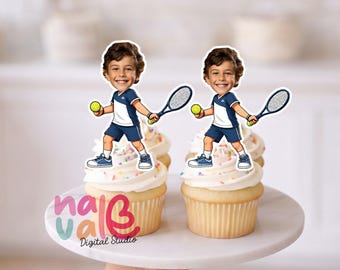Grand Slam Champion Cupcake Toppers – Custom Face Tennis Player Style – Personalized Photo Little Ace Sports Theme – Digital File