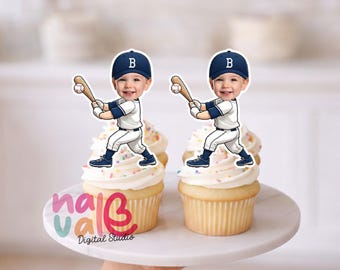 Rookie of the Year Cupcake Toppers – Custom Face Baseball Batter Theme – Personalized Photo First Birthday Hero – Digital File