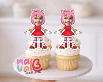 Pink Hedgehog Cupcake Toppers – Custom Face Super Speed Girl Theme – Personalized Photo Magical Runner – Digital File