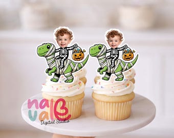 Tiny Bone Rider Cupcake Toppers – Custom Face Baby Skeleton & Dino Theme – Personalized Photo Spooky One Birthday – Digital File