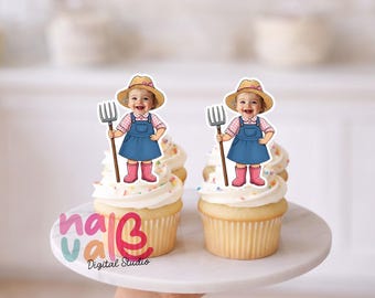 Pink Farm Girl Cupcake Toppers – Custom Face Barnyard Theme – Personalized Photo Little Farmer – Digital File