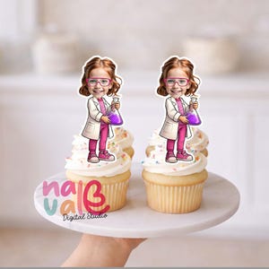 Little Scientist Girl Toppers – Custom Face Lab Coat & Flask – Personalized Photo Science Lab Theme – STEM Heroine Birthday – Digital File
