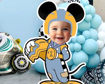 Cutout Speedy Mouse in Blue Racing Gear – Custom Face Digital Party Decoration – Printable File