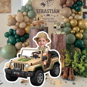 Cutout Safari Explorer Boy in Jeep – Custom Face Digital Party Decoration – Printable File