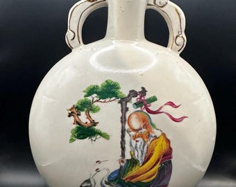 Vintage Chinese Moon Flask-Kinmen Ceramics "Longevity" Mark- Scholar& Crane Motif-hand painted Bottle with Stopper.