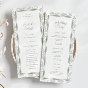 May include: Two vertical wedding programme cards featuring a sage green botanical border and white background. The text includes "Welcome to the Wedding of Rose & Noah," "May 2, 2027," "The Plaza Hotel," "Order of Ceremony," and "Wedding Party" details.