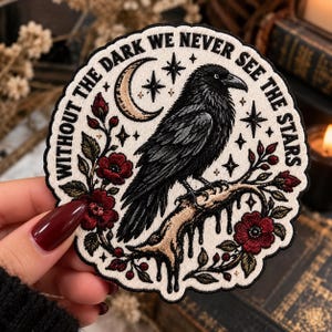 Gothic Raven Embroidered Patch, Black Crow Moon and Stars Patch, Floral Witchy Sew On Applique, Cottagecore Patch, Gift for Goth Lovers