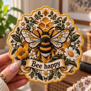 May include: A circular embroidered patch featuring a central bumblebee over a honeycomb pattern, surrounded by white daisies and yellow flowers. A banner at the bottom displays the text Bee happy in black lettering on a cream background.
