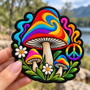 Colorful Hippie Mushroom Embroidered Patch, Psychedelic Rainbow Mushroom Patch, Groovy 70s Retro Hippie Patch, Peace Sign Floral Applique