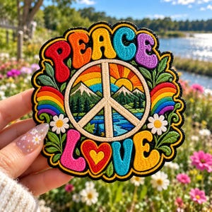 Peace and Love Embroidered Patch, Colorful Hippie Rainbow Peace Sign Patch, Groovy 70s Retro Floral Patch, Boho Mountain Nature Applique