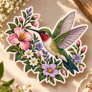 May include: An embroidered patch featuring a hummingbird with green, white, and red plumage, surrounded by pink hibiscus, white daisies, purple lavender, and small blue flowers. The design is detailed with intricate thread work.
