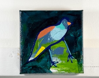 Whimsical Bird Painting: Small Modern Art, 4x4 Canvas,  "Charlie"