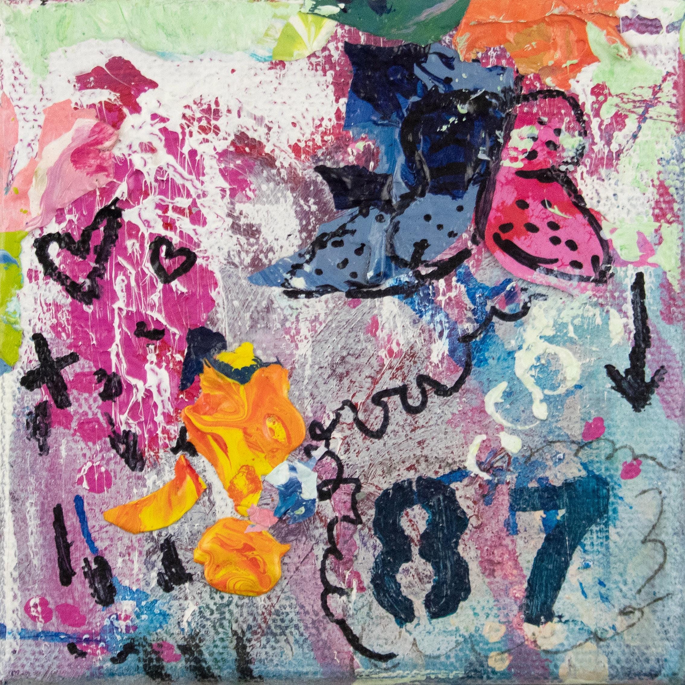 オリジナル抽象ミクストメディアミニ絵画：グラフィティスタイル4x4