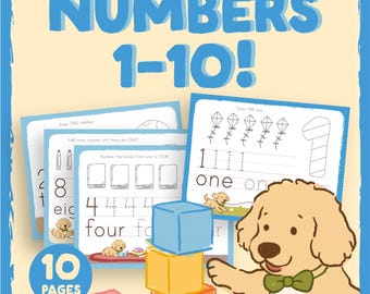 Può includere: Copertina di un libro educativo per bambini con il testo "NUMBERS 1-10!". L'immagine presenta un cane dei cartoni animati, blocchi colorati e pagine con attività numeriche. Il libro ha 10 pagine.