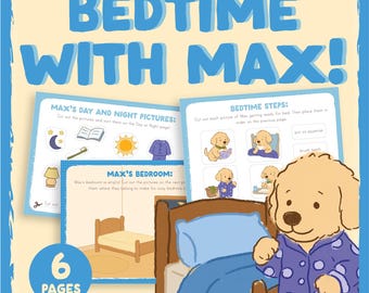 Może przedstawiać: Książka z aktywnościami dla dzieci zatytułowana "Bedtime with Max!" przedstawia psa z kreskówek w piżamie. Książka zawiera strony ze zdjęciami dnia i nocy, krokami przed snem i sceną sypialni. Okładka jest niebieska z białym tekstem i ilustracjami.