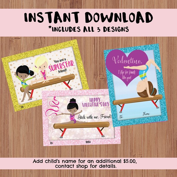 Instant Download Classroom Printable Valentine's Day Cards - Kid's Valentine's Day Cards - Gymnastics, Gym Girls, Balance Beam, Stick It Il_570xn